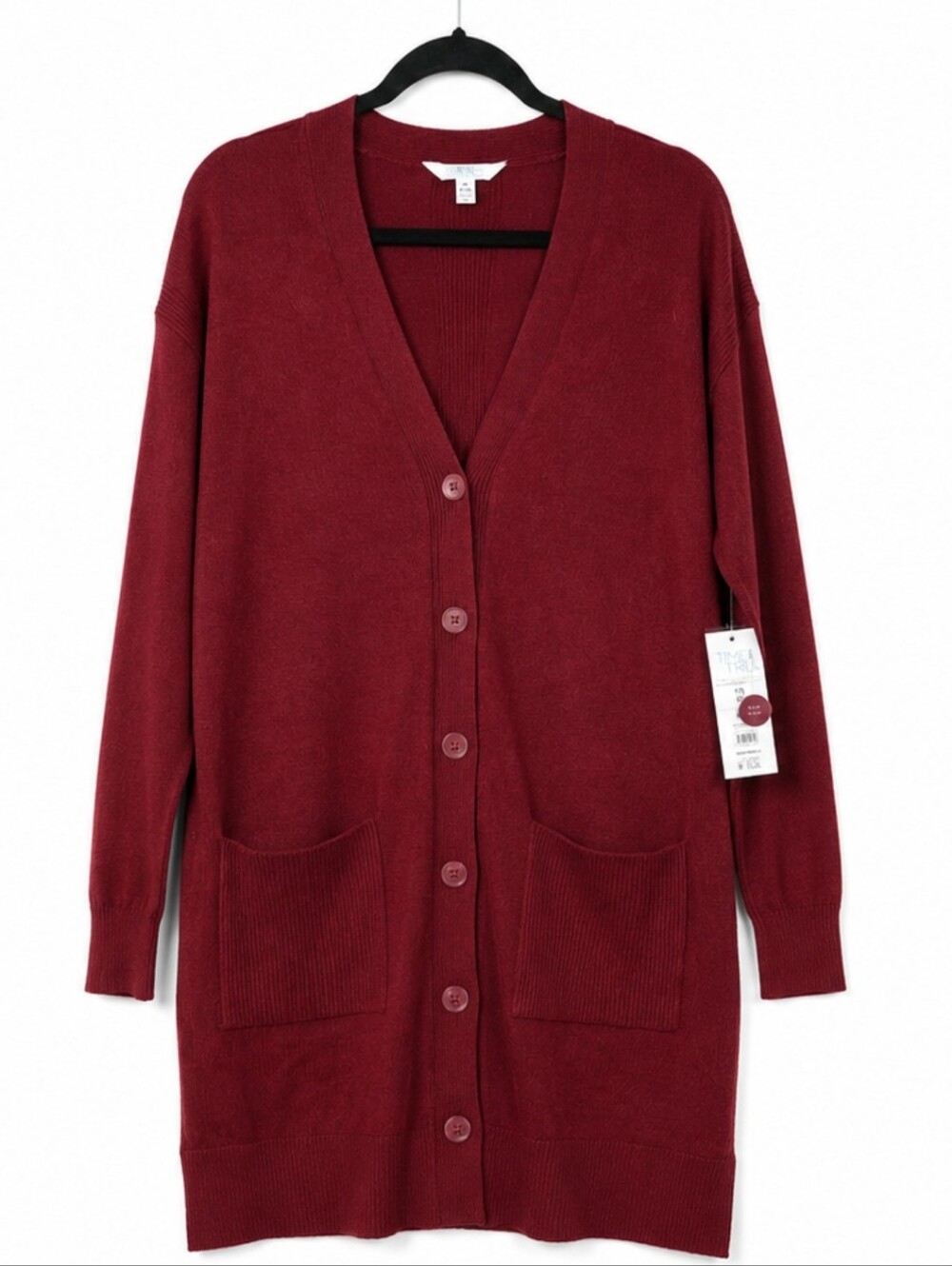 Time and Tru Longline Button Front Cardigan Sweater Burgundy M NWT